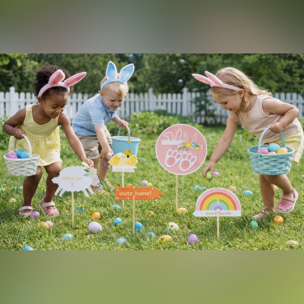 Penbrook Easter Egg Hunt Sign Kit 13 Signs 13 Stakes 2 Wearables 8-Bunny Prints